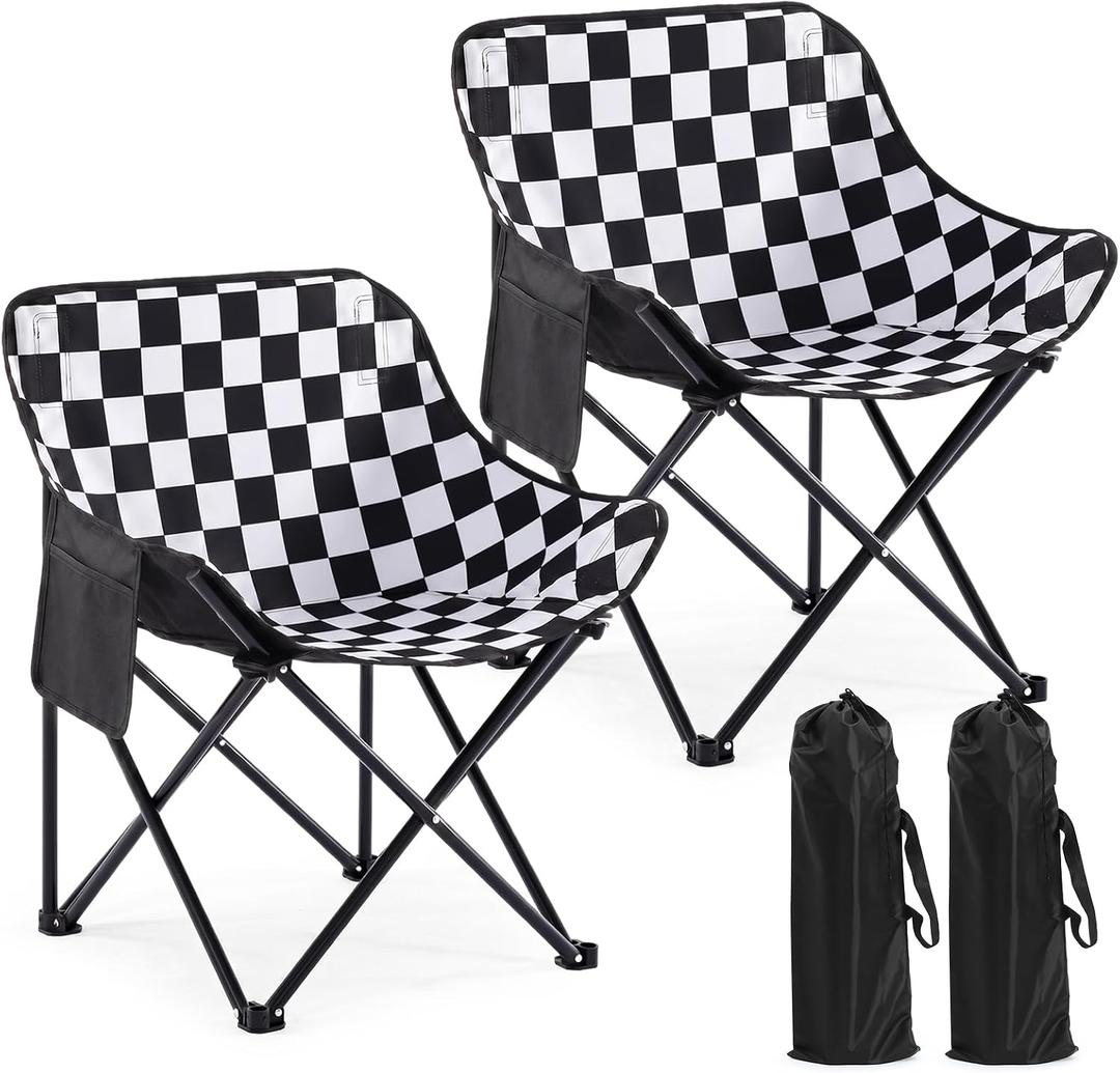 2 Pack Folding Camping Chairs Portable, Black, White, Chessboard, 27.17 x 17.72 x 17.72 inches