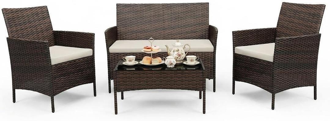 4 Piece Patio Furniture Set, Outdoor Deck Rattan Chair Wicker Combo Furniture, All Weather Dialogue Rattan Sofa with Upholstery and Glass Table for Garden, Backyard, Porch, Lawn, Pool, Brown+White