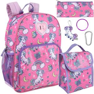 Trail maker Girls 6 in 1 Backpack and Lunch Box Set for School with Pencil Case, Water Bottle, Keychain Attached for Kids (Large, Rainbow Butterflies & Unicorns)