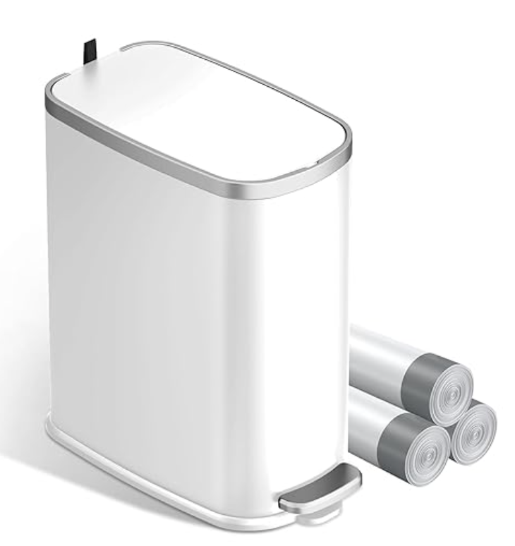 KUK Slim Bathroom Trash Can with Lid Soft Close, Step Pedal, 2.6 Gal/ 10L Stainless Steel Garbage Can with Removable Inner Bucket, AntiFingerprint Wastebasket for Office, Bedroom, Toilet (White)