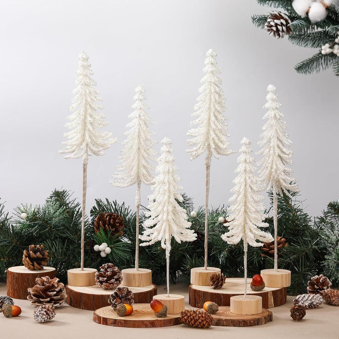 Jetec 6 Pcs Mini Christmas Tree Small Alpine Trees Tabletop Artificial Pine Christmas Tree with Wooden Base Snow Frost Village Bottle Brush Trees Holiday Season Decoration Centerpiece Displays