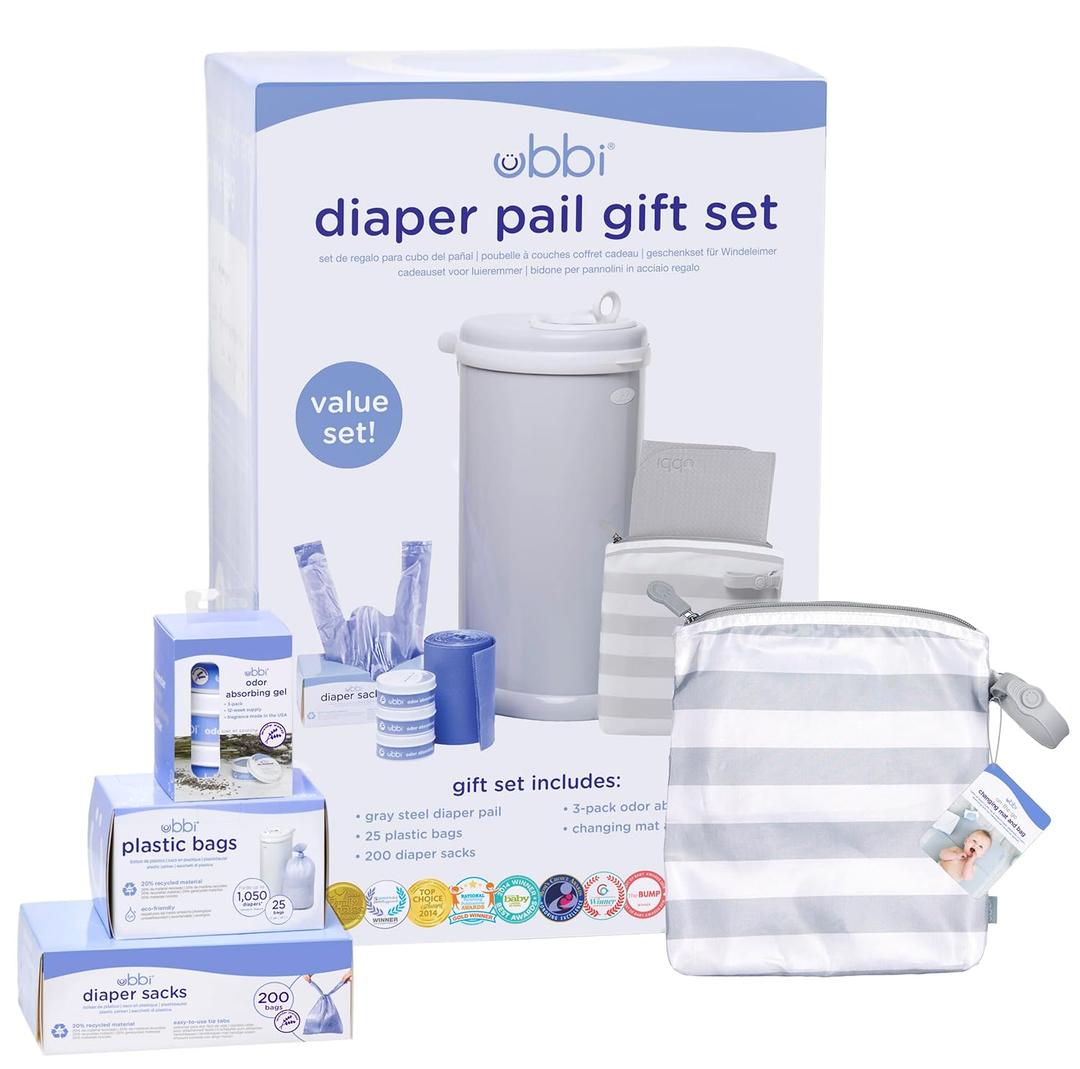 Ubbi Diaper Changing Value Gift Set, Baby Registry Gift, Includes Gray Diaper Pail, Absorbing Gels, Travel Changing Mat & Bag, Diaper Pail Waste Bags and On-the-Go Waste Sacks
