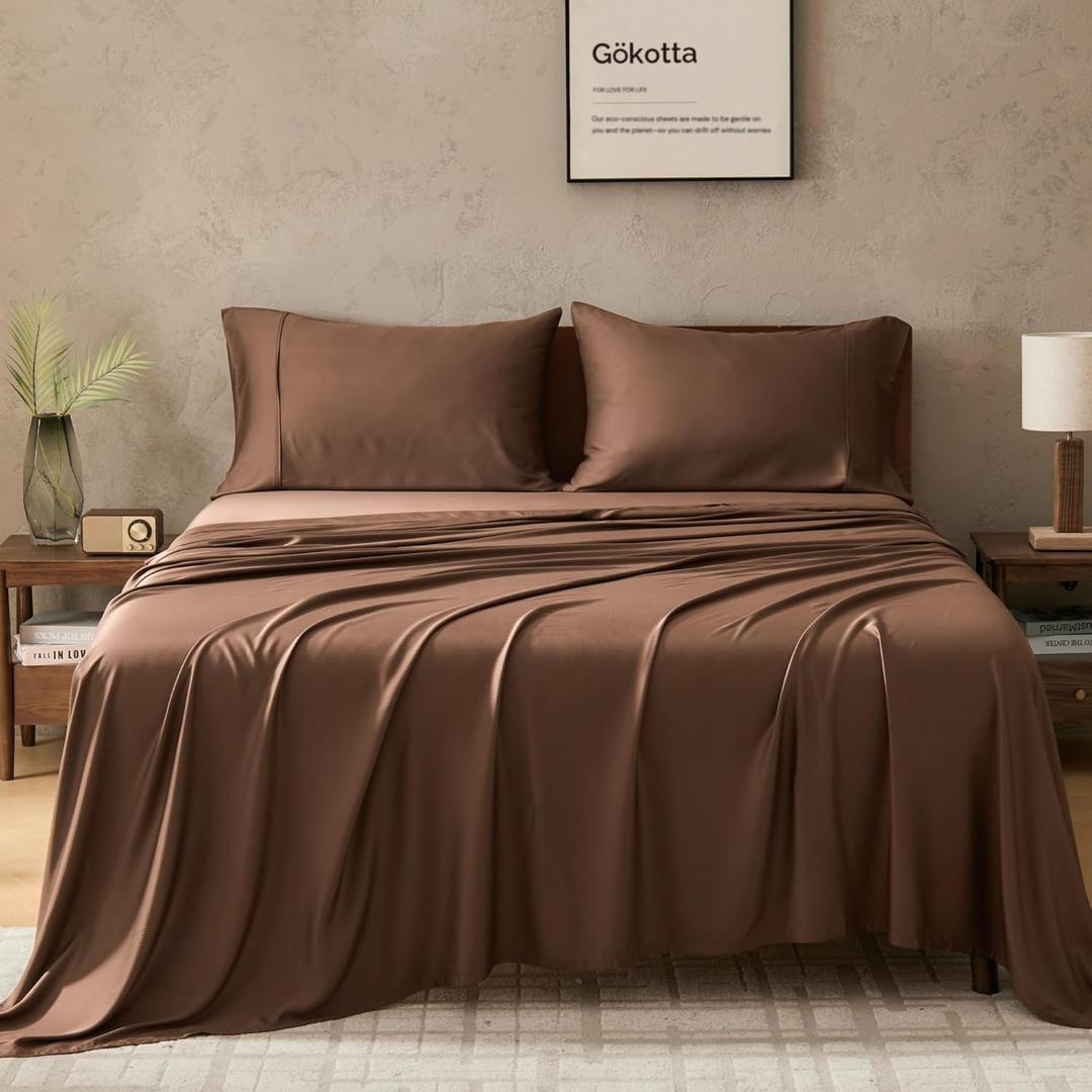 GOKOTTA Queen Sheet Set 4 Pcs,100% Rayon Derived from Bamboo Sheets,Cooling Sheets Queen for Hot Sleepers,16 Inch Deep Pocket Queen Size Bed Sheets with Elastic Corner Straps,Silky Soft - Cocoa Brown
