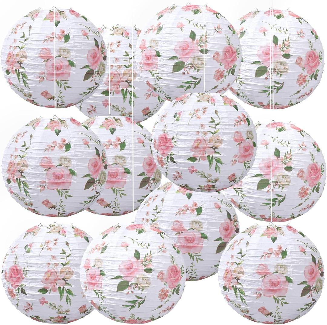 Honoson 12 Pcs Pink Rose Paper Lanterns Spring Floral Party Decorations Hanging 10 Inch Chinese Lanterns for Wedding Bridal Shower Baby Shower Tea Party Decorations