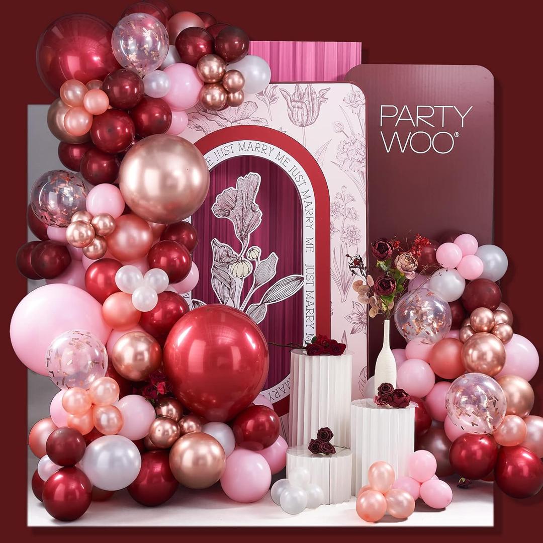 PartyWoo Burgundy Balloon Arch Kit Garland 142pcs Different Sizes of 18 12 10 5 Inch Rose Gold Light Pastel Baby Pink White Confetti Balloons for Baby Shower Birthday Wedding Party Decorations