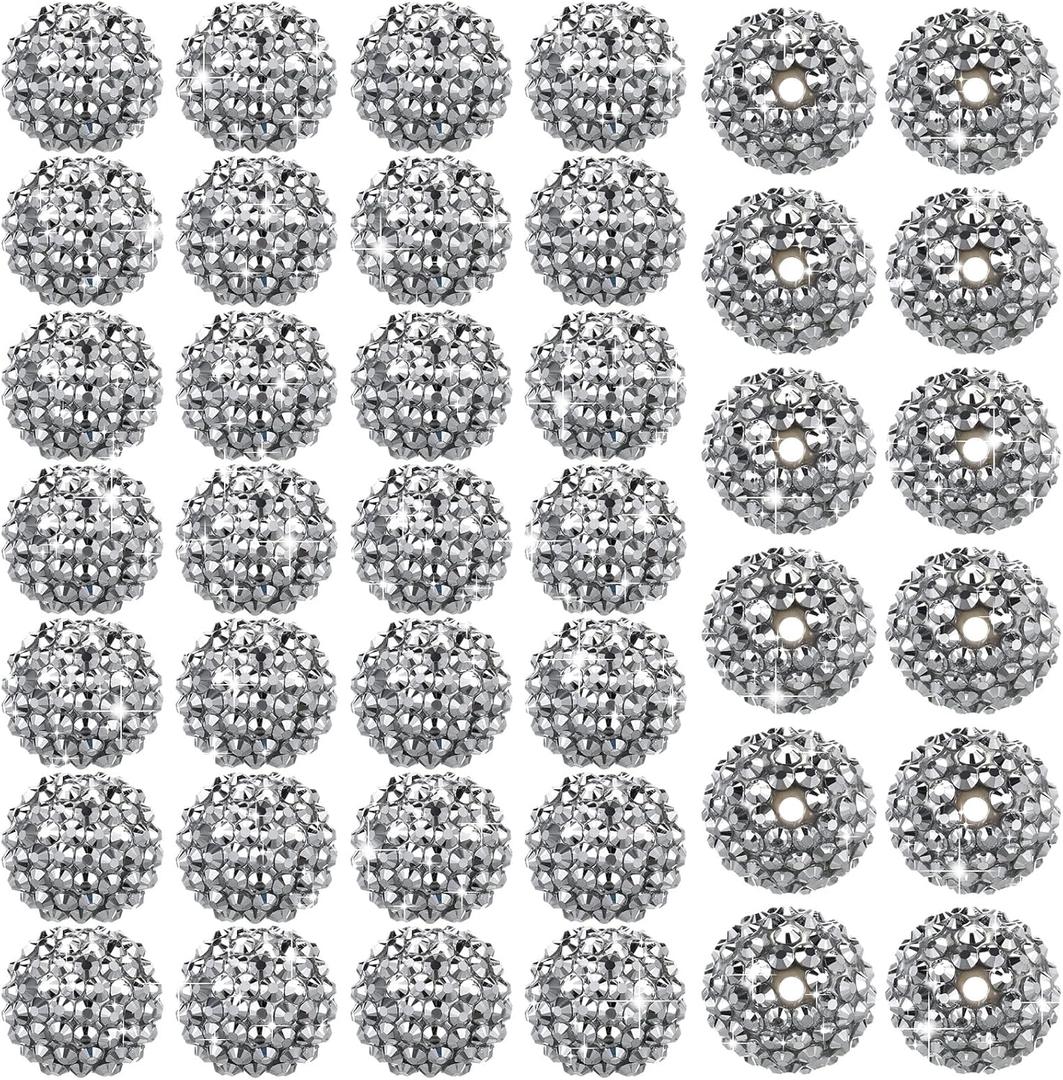 40 Pcs 20 mm Rhinestone Beads Bulk Crystal Round Disco Ball Chunky Bubblegum Beads for Pens Bracelets Charms Craft European Style Jewelry Making Supplies Christmas(Silver)