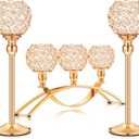 Set of 3 Pieces Gold Crystal Candle Holders, Tealight Candlestick Candelabra Stand with 3 Arms, Decorative Table Centerpieces Fireplace Home Living Room Decor for Wedding Housewarming Anniversary