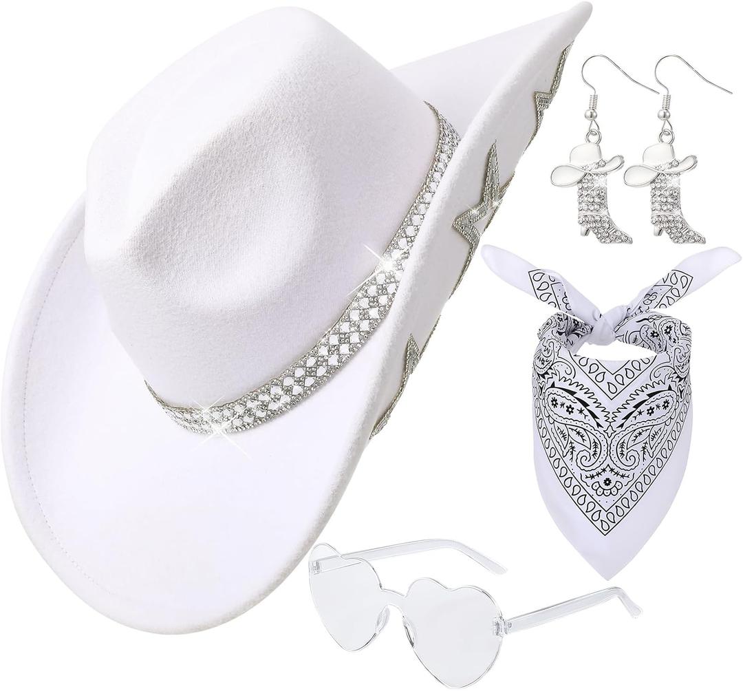 White Cowboy Hat for Women Men with Sparkly Stars Felt Cowgirl Hat with Heart Sunglasses,Bandana and Earrings (White)