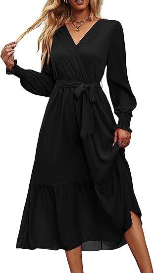 PRETTYGARDEN Women's Floral Print Boho Dress Long Sleeve Wrap V Neck Ruffle Belted A-Line Flowy Maxi Dresses, Size S