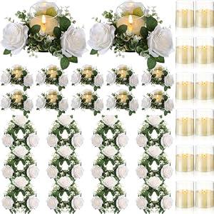 Artificial Rose Candle Rings Wreaths 3 Inch Wedding Centerpiece LED Flameless Candles Eucalyptus Rings for Centerpiece for Tables Party Valentine Mother's Day Decoration(White, 12 Pcs)