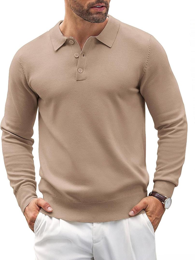 COOFANDY Mens Knit Polo Shirts Casual Long Sleeve Classic Polo Shirts Button Down Golf Shirts (Brown, L)