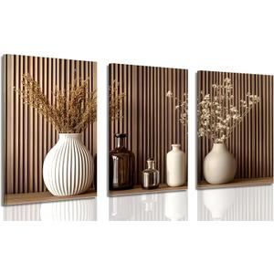 3 Pcs Framed Modern Minimalist Canvas Wall Art Flowers and Vase Paintings Pictures Brown Vertical Wood Grain Background Posters Prints Natural Wabi Sabi Wall Decor for Living Room Bedroom Decoration