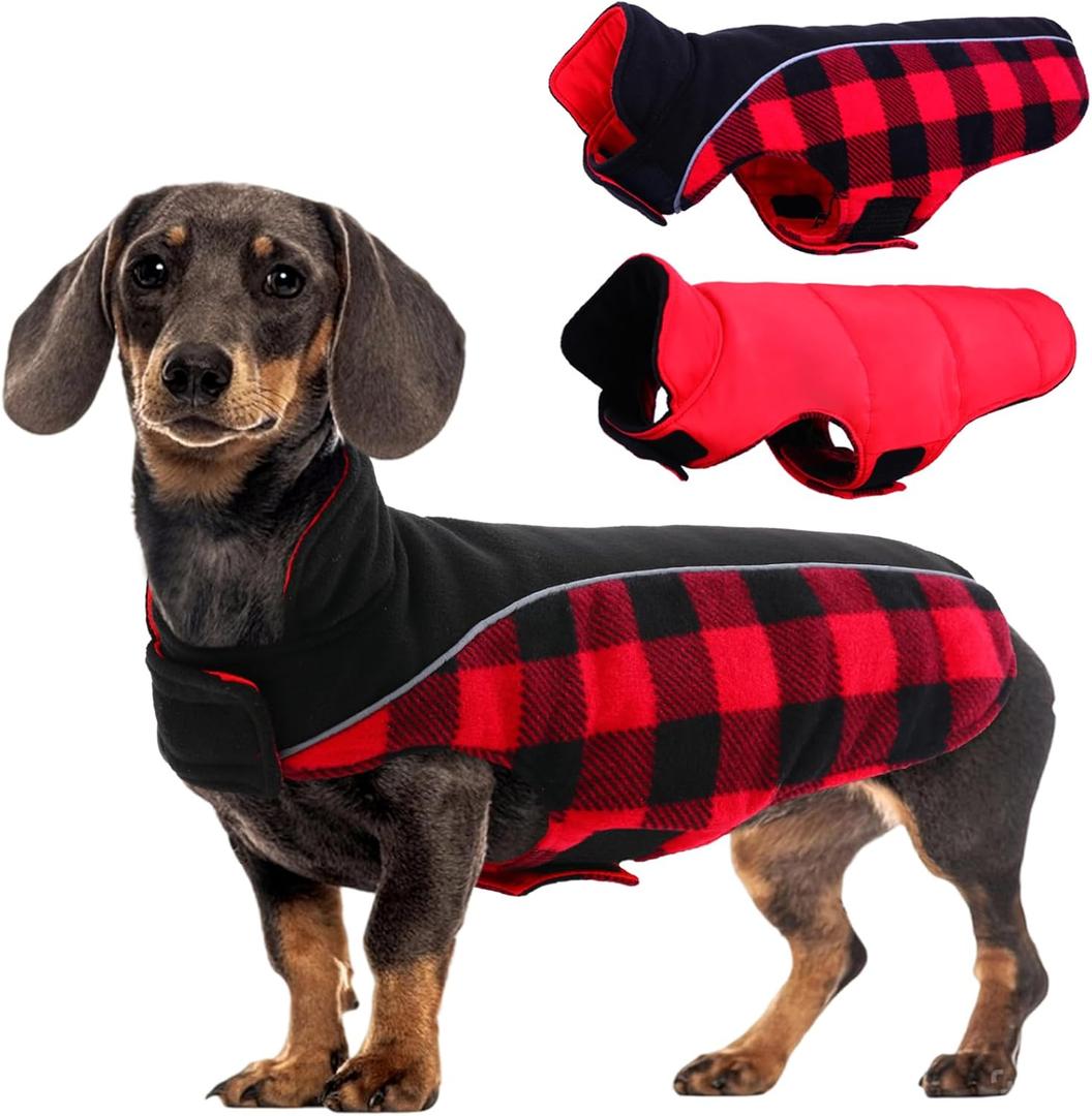 Kuoser Dog Winter Coat, Reversible Waterproof Dog Jacket with Reflective Strip, Warm Dogs Fleece Vest Adjustable Doggy Cold Weather Clothes Plaid Christmas Outfit Pet Apparel for Small Dogs, Red XS (X-Small (Chest Girth: 9.4-13.8'' ))