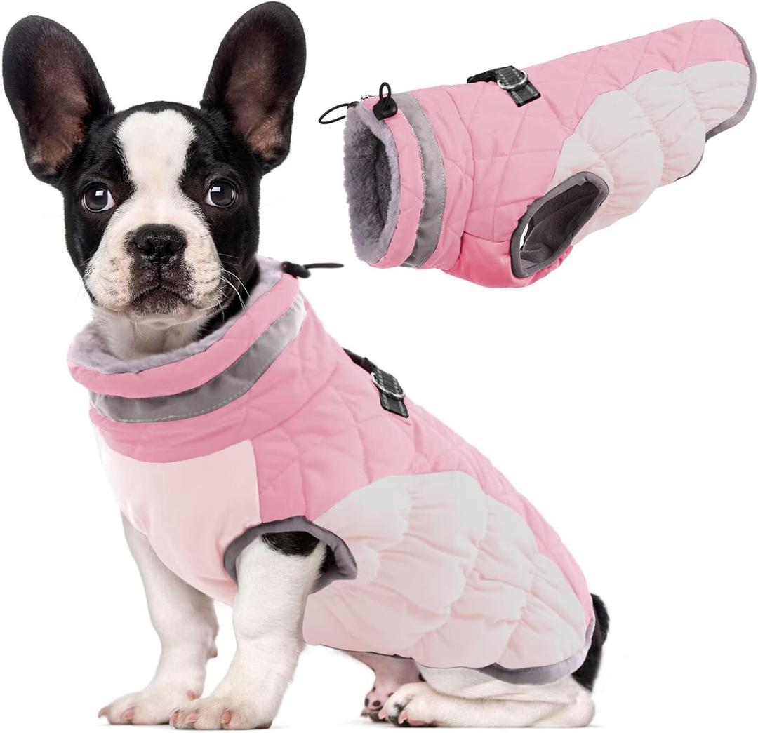 Lelepet Dog Coat Warm Dog Winter Coat Waterproof Dogs Jacket with Harness Built in Reflective Pet Fleece Vest Zip-Up Cold Weather Coats for Small Dogs Turtleneck & Windproof Coats Yorkie, Pink, S