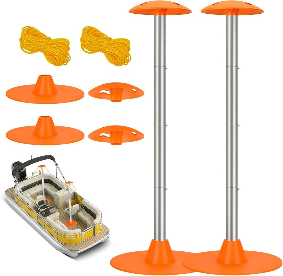 Boat Cover Support Pole Systems with Anti-UV PE Ropes & 9" ABS Base, Highly Stable Windproof Support Pole - Adjustbale 1-1/8" in Diameter for V-Hull/Pontoon/Jon Boat Cover (2 Pack) (Orange)