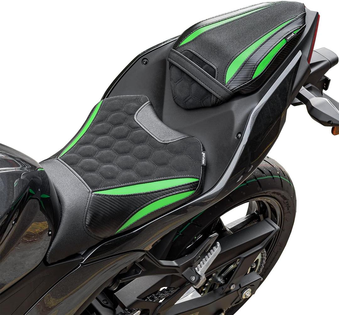 Motorcycle Rider & Passenger Comfort Seat Fit for EX500 Ninja 500 ER500 Z500 2024 2025 2026, Front Rear Solo Saddle Back Cushion Pillion Pad, Green