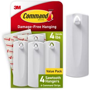 Command Sawtooth Picture Hangers, Damage Free Hanging Frame Hangers, No Tools Wall Hooks for Hanging Sawtooth Frames in Living Spaces, 4 White Picture Frame Hangers and 8 Command Strips
