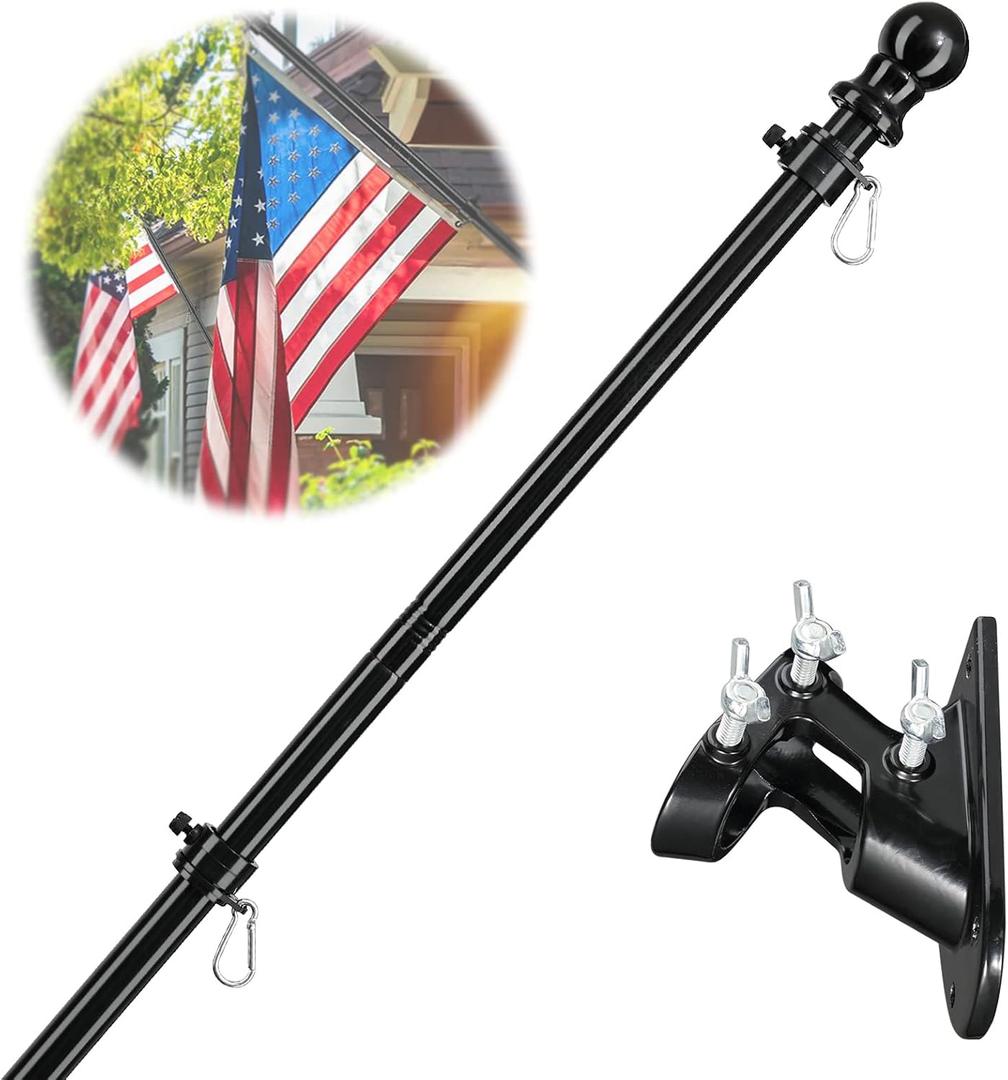 Barcetine American Flag Poles for Outside House - 5ft Tangle Free Flag Pole for House with Holder Bracket,Residential Flagpole Kit for Outdoor Porch Garage - Black