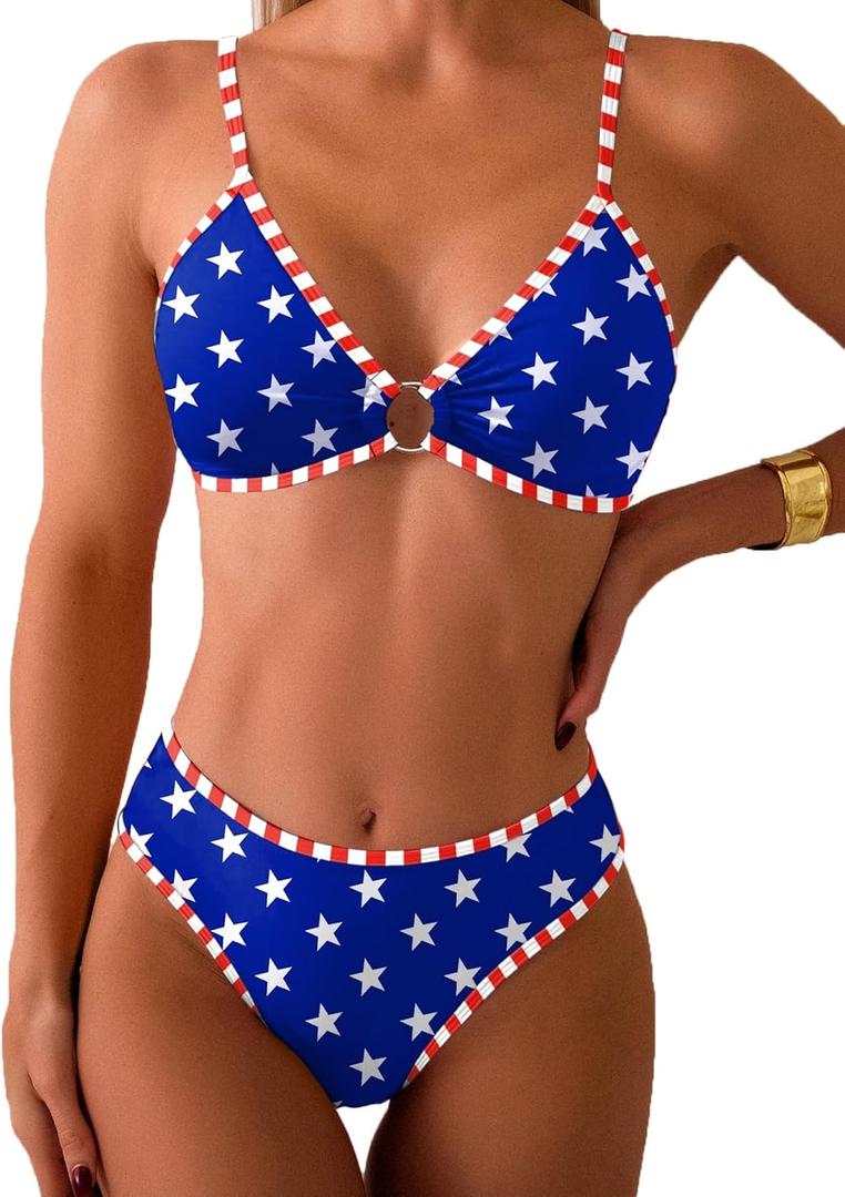 Fanuerg Women's Triangle Bikini Sets O Ring Linked Two Piece Swimsuits Floral Printed Cheeky Bathing Suit (S, American Flag02)