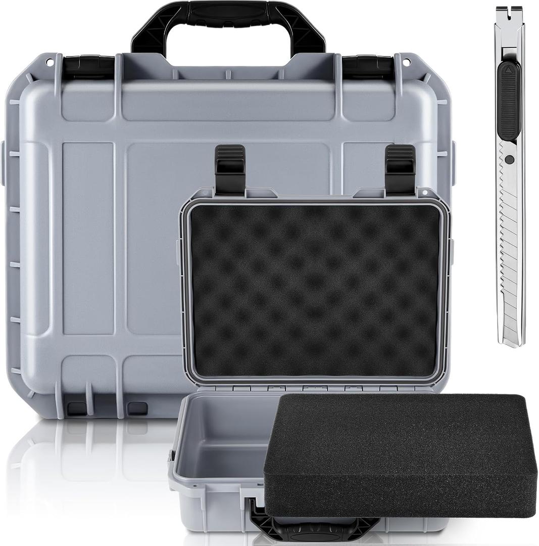 Relaxweex 1 Pcs Waterproof Hard Case with DIY Customizable Foam Insert Portable Protective Case with Knife for Camera Drones Equipments Tools Test Instruments(Gray,14.3 x 11.4 x 4.5 Inch)