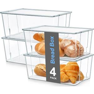 Hudgan 4 Pack Bread Box for Kitchen Countertop, Bread Storage Container with Lid for Bagel, Donut and Cookies, Clear Breadbox Keeper for Muffin