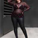 WDIRARA Women's Plus Size Floral Print Sheer Mesh Top Round Neck Long Sleeve Blouse (Black, XXXL)