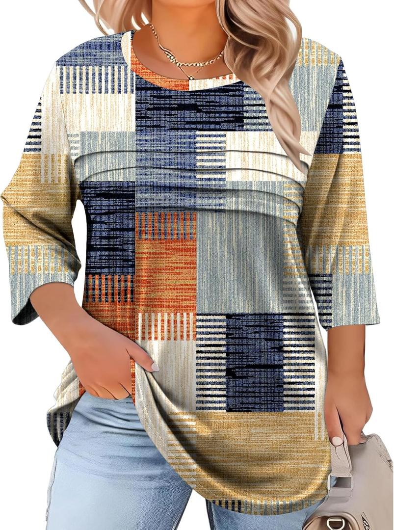 LOMON Plus Size Women Blouses 3/4 Length Sleeve Tops Crewneck Pleated Casual Tees Shirts 1X-5X (Blanket Print)