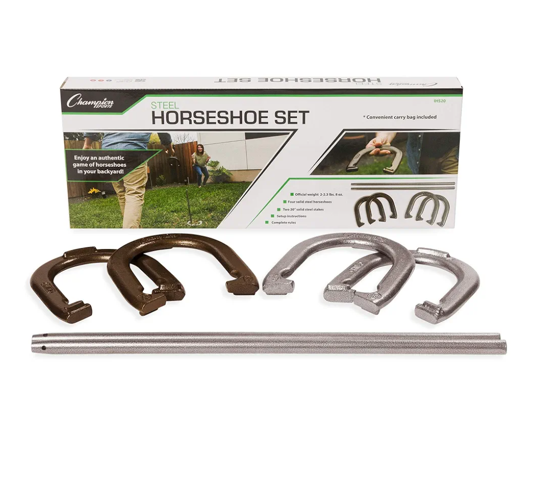 Champion Sports Horseshoe Set: Traditional Outdoor Lawn Game includes Four Professional Solid Steel Horseshoes with Solid Steel Stakes & Carrying Storage Case