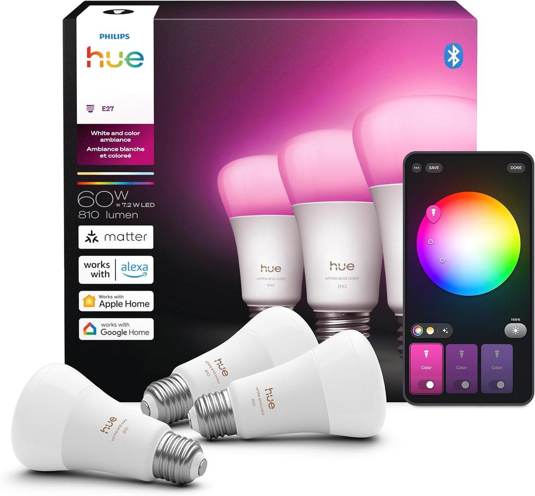 Philips Hue Smart LED A19 Bulb, 3 Pack, White & Color Ambiance, E26 Base, 7.2W, Full Spectrum Light 1000K-20000K, 810 Lumens, Dimmable LED Bulbs, Works with Alexa, Google & Apple Home