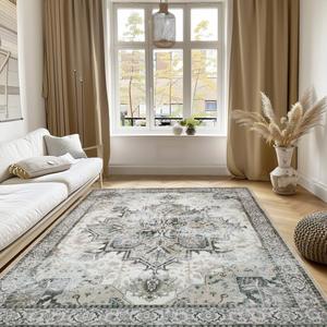 Area Rugs for Living Room 0.24inch Low Pile Faux Wool Bedroom Rug TPR Anti-Slip Backing Carpet Vintage Soft Rugs for Dining Room décor Machine Washable (Beige, 9 * 12)