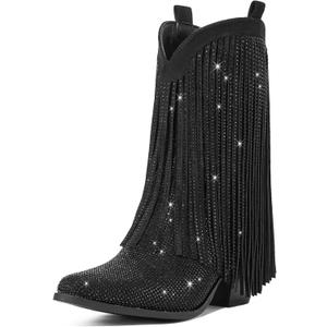 Rollda Rhinestone Cowboy Boots for Women, Sparkly Cowgirl Boots with Pointed Toe, Fringe Womens Western Boots Chunky Heel for Concert Dancing Party Music Festivals, 7.5