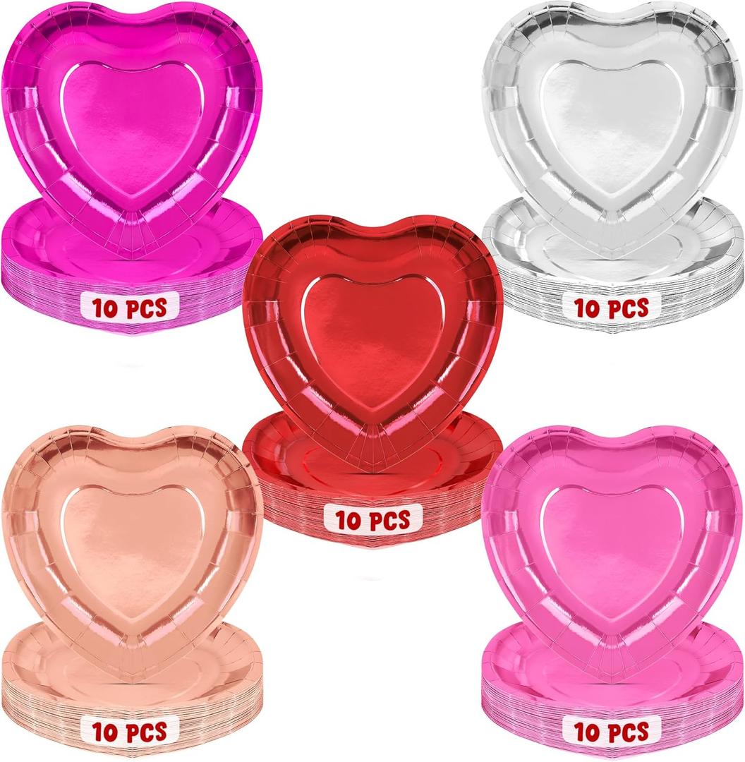 QZYL 50 PCS Valentines Plates, 9" Disposable Valentine's Decorations, Foil Multi-color Valentine Party Plate, 5 Designs Red Pink Heart Shaped Plates, Love Paper Dinnerware Wedding Tableware