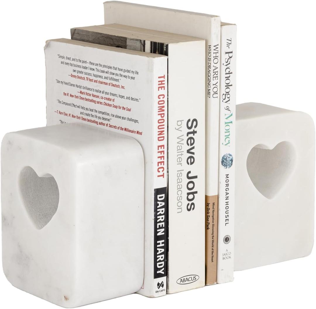 Mie Creations Valentine's Heart Marble Book Ends for Shelves Set of 2, Decorative Elegant Heavy White Heart Shape Unique Bookends Holder, Solid Non-Skid Bookend Gifts for Him, Her, Bookshelf Dcor
