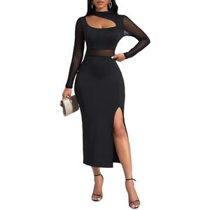 Milumia Women's Cut Out Mock Neck Mesh Dress Slit Hem Long Sleeve Bodycon Maxi Dresses Large