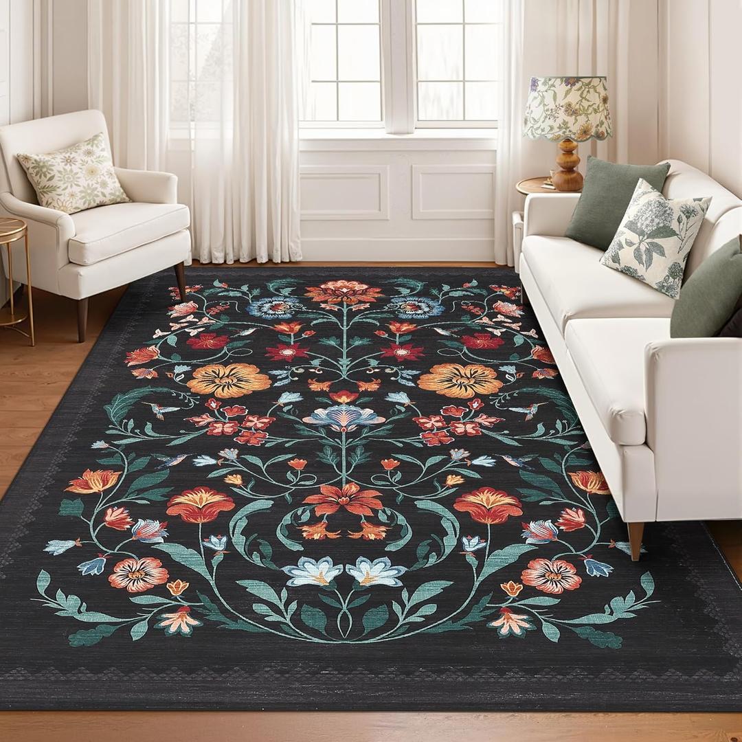 GarveeHome Washable Rug 8x10 Area Rugs for Living Room, Floral Rug for Bedroom, Soft Vintage Non Slip Throw Rugs with Rubber Back, Low Pile Stain Resistant Boho Floral Carpet for Dining Room, Black