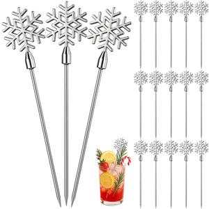 20 Pcs 4.29" Winter Snowflake Cocktail Picks Long Food Toothpicks Fruit Sticks Sandwich Appetizer Charcuterie Skewers Made of Metal for Winter Snow Xmas Dinner Decoration Party Supplies