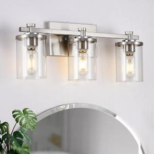 3 Light Vanity Lights - Brushed Copper Over Mirror with Clear Glass Shade, Perfect for Bathroom