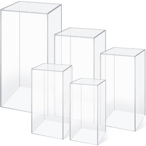 Geetery 5 Pcs Acrylic Clear Display Risers Pedestal Set for Wedding Decorations, Flowers, Jewelry, Collectibles, Cosmetics, Desserts, 5 Sizes