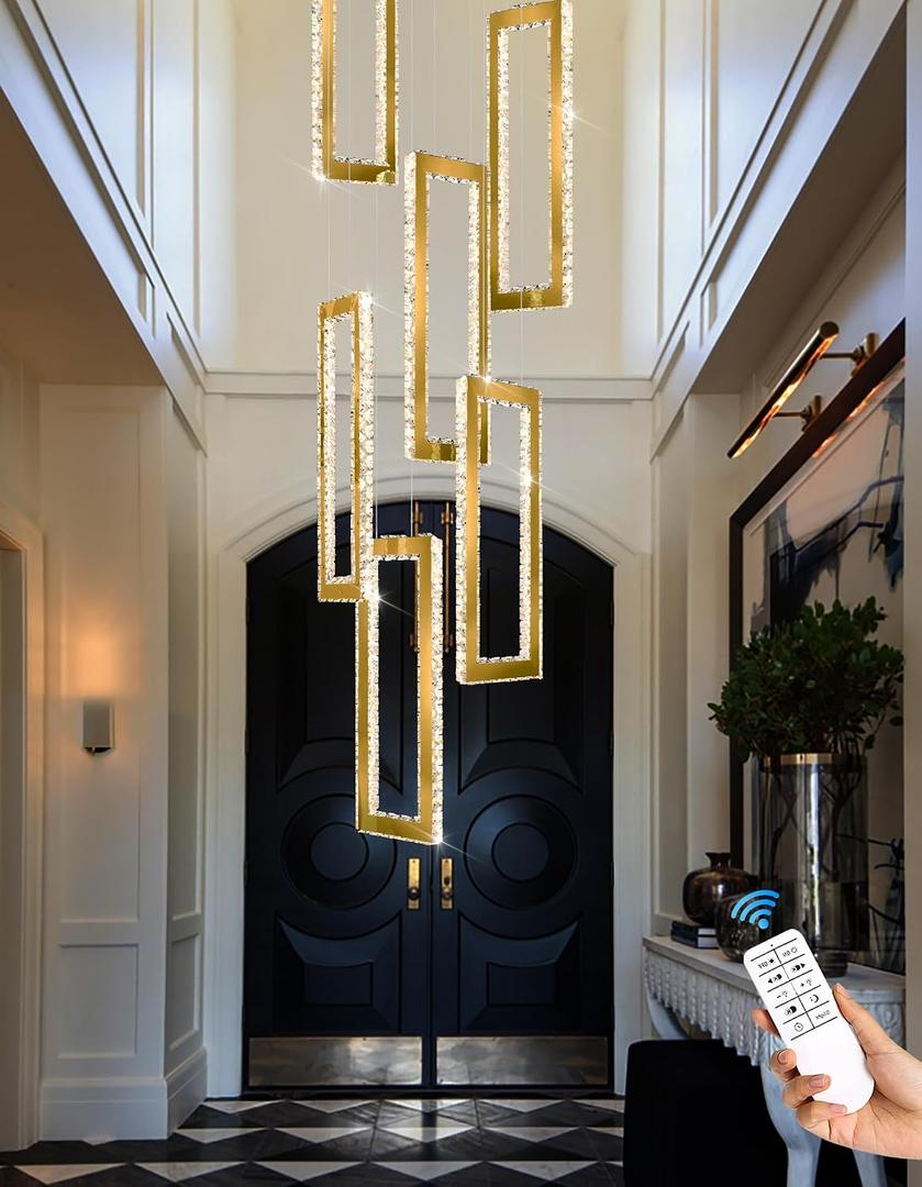ykolupty Modern Led Gold Chandelier Adjustable 6 Rings Crystal Chandelier for Living Room Foyer Stairwell Lighting High Ceiling Lamp Dimmable 2700K-6000K