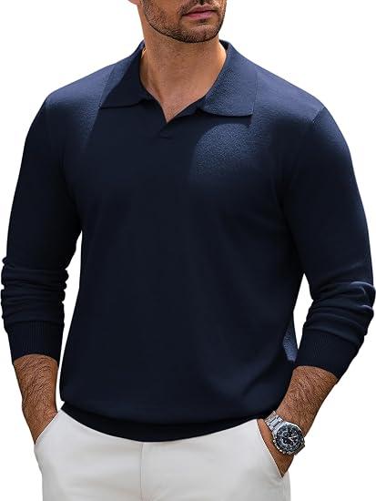 Mens Knit Polo Sweater Long Sleeve V Neck Casual Golf Polo Lightweight Collar Pullover Sweaters, Large