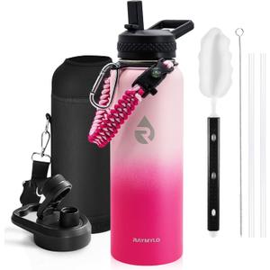 Insulated Water Bottle 40 oz, Triple Wall Vacuum Stainless Steel (Cold for 48 Hrs), Leak Proof & Non-BPA, Modern Water Flask Jug with Paracord Handle & Straw Spout Lids, Ombre Pink