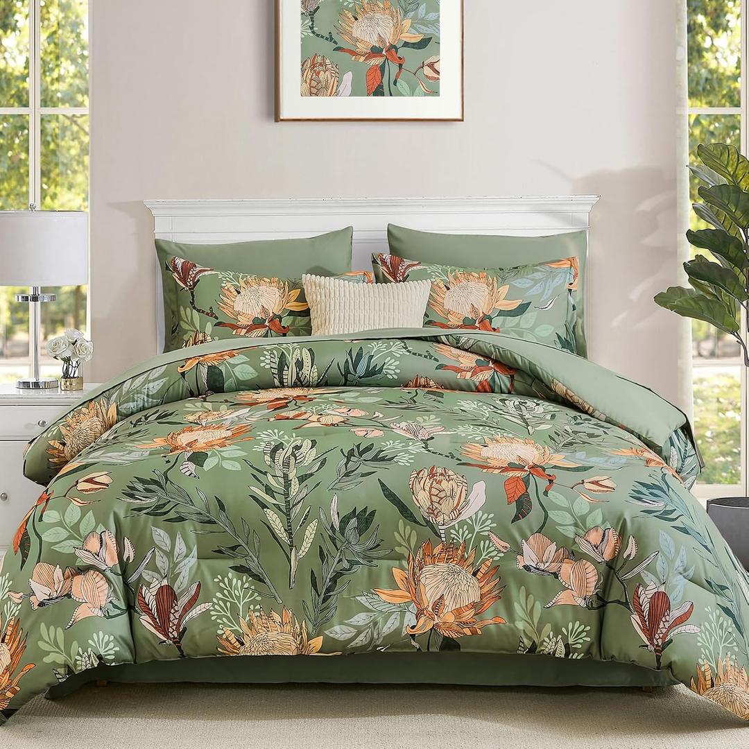 Floral Comforter Set Queen Bed in a Bag Set,7 Pieces Green Floral Comforter and Sheet Set,Soft Microfiber Bedding Sets for All Seasons (Green,90"X90")