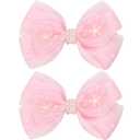 KISZU 4.5 Inch Flower Hair Bow Clips, Organza Bows with Pearls Big Hair Accessories for Baby Girls Kids Children Teens and Women (Pink)