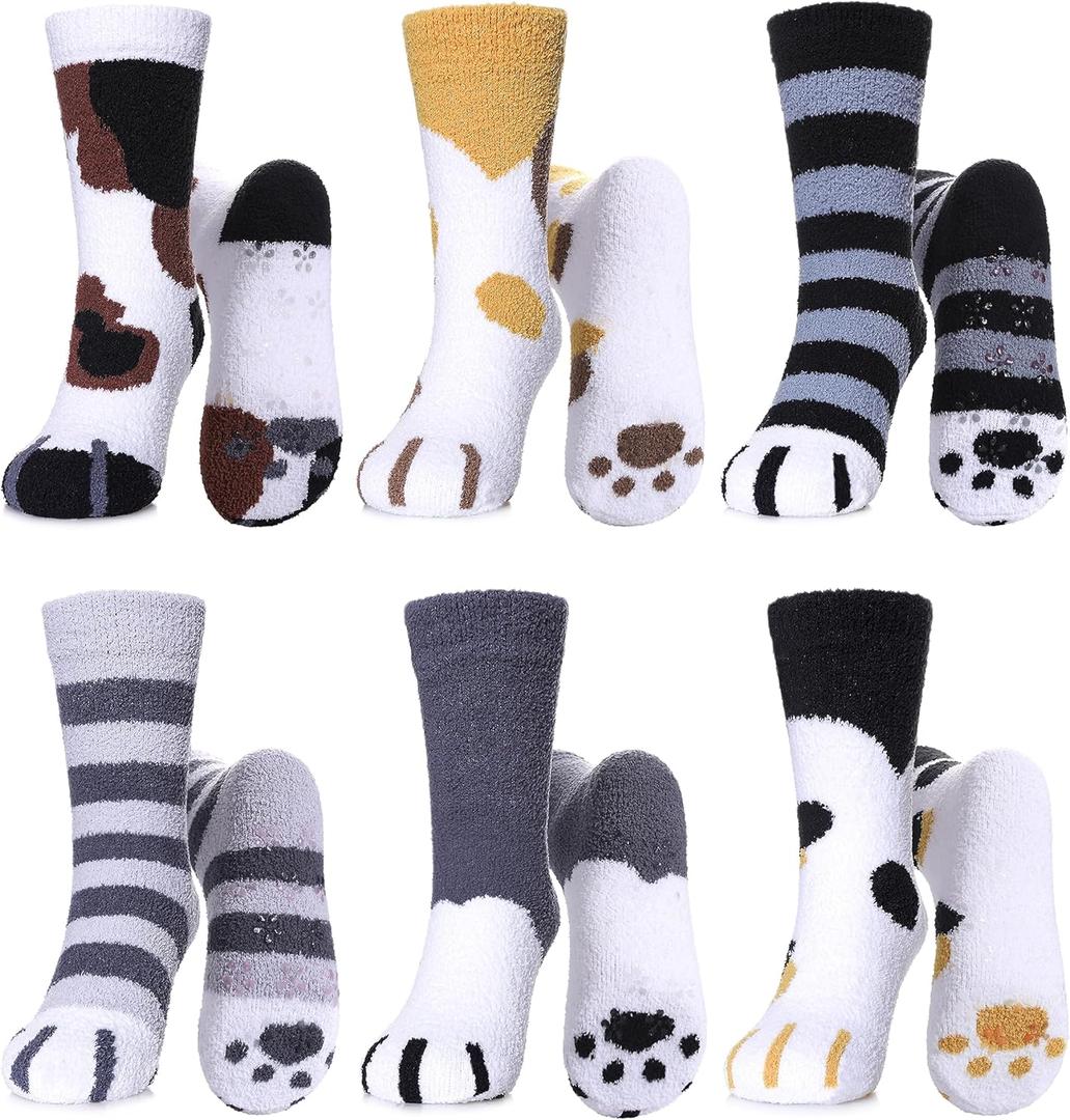 LINEMIN Kids Fuzzy Socks Boys Girls with Grips Non Slip Slipper Socks Cozy Fluffy Winter Warm Crew Socks 6 Pairs (4-7 Years, Cat Paw)
