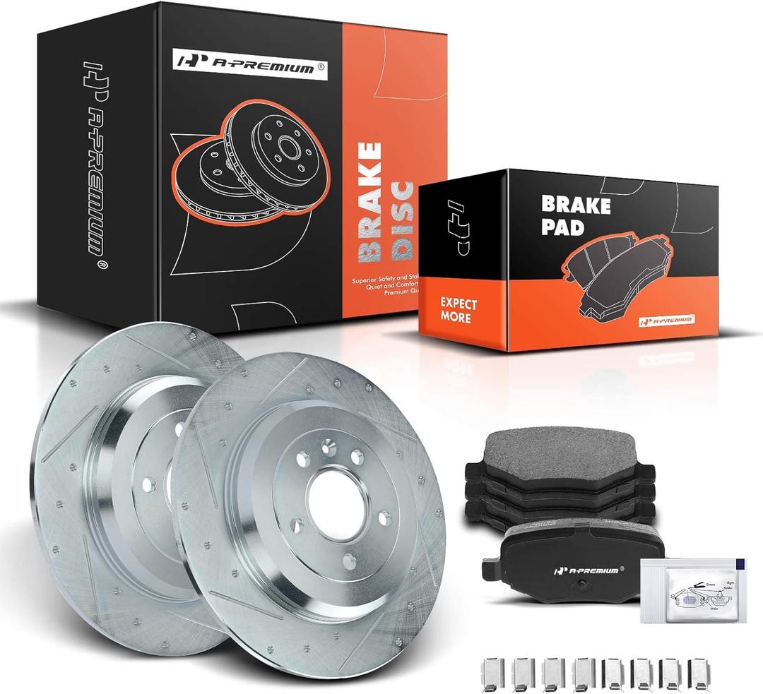 A-Premium 12.99 inch(330mm) Rear Drilled and Slotted Disc Brake Rotors+Ceramic Pads Kit Compatible with Select Ford and Lincoln Models - Edge 2011-2014, Explorer, Flex, MKS, MKT, MKX, Taurus, 6-PC Set