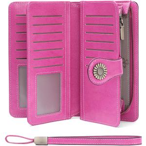 SENDEFN Wallets for Women Leather Credit Card Holder with RFID Blocking Large Capacity Wristlet | with RFID Blocking, Large Capacity, Wristlet, with RFID Blocking, Large Capacity, Wristlet (1-Wax-Red-3)