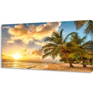 Wall Art Canvas Painting Golden Ocean Beach Palm Tree 1 Piece Sunset See Coconut Trees Landscape Picture Poster Print Framed and Stretched Ready to Hang for Living Room Bedroom Office Artwork (58"L x 29"W, Yellow)