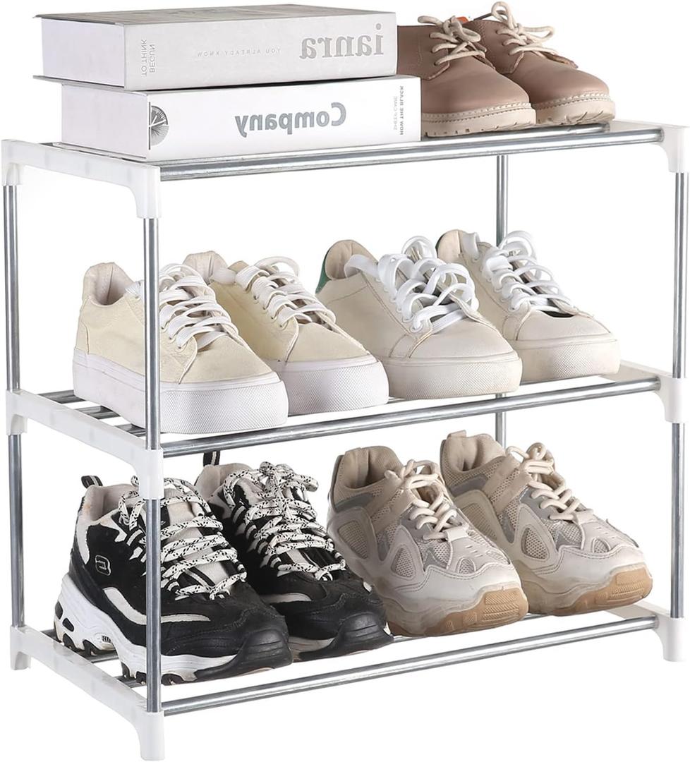 Small Shoe Rack, Narrow Stackable Shoe Shelf Organizer for Entryway, Doorway and Bedroom Closet (3-Tier, White)