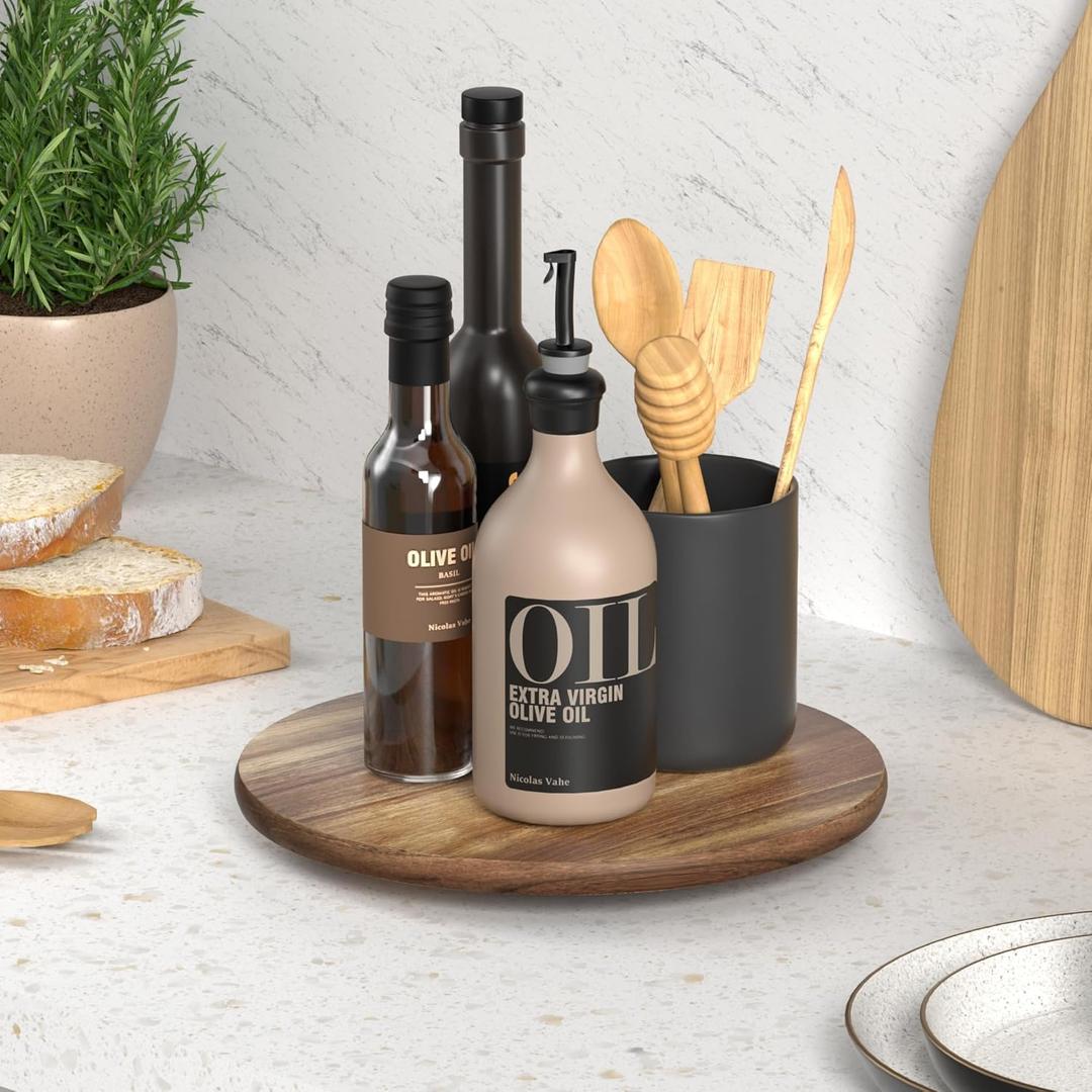 Lazy Susan for Table Top Bamboo Lazy Susan Turntable for Cabinet Kitchen Countertop Organizer for Condiment Bathroom Counter Organizer Decor Sink Tray Acacia Wood 10 Inch (Brown)