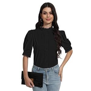 SUNNOW Women's Summer Top Ruffle Stand Collar Button Down Shirt Tailored Puff Sleeves Blouse Basic Simple Shirts (Black, S)